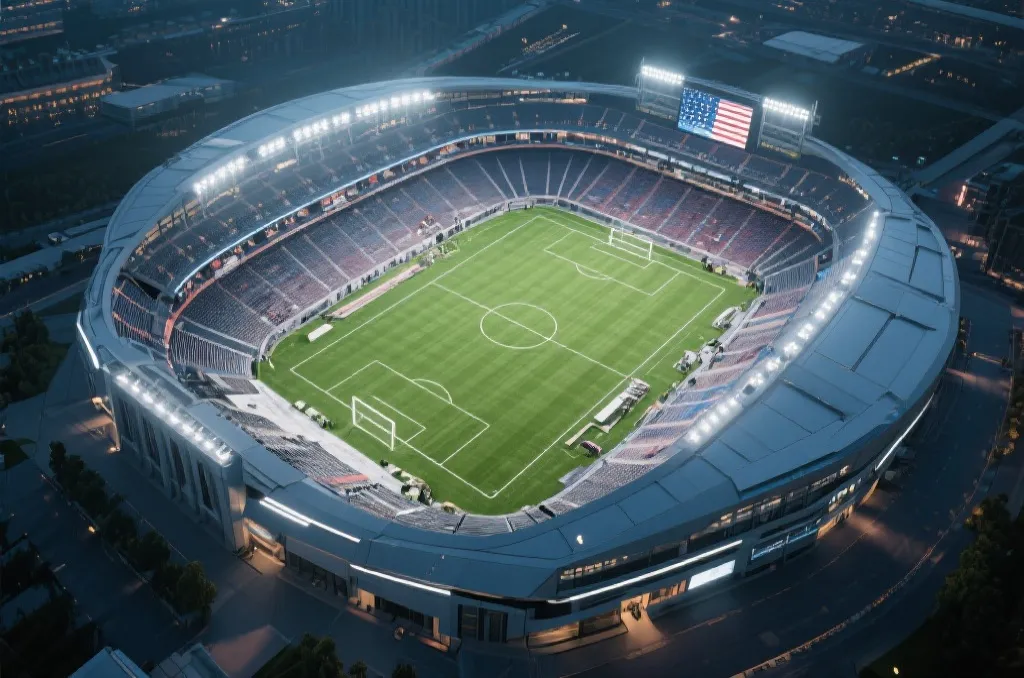 An aerial view of a futuristic American stadium with a lush green natural grass pitch being installed, bright stadium lights, cinematic perspective