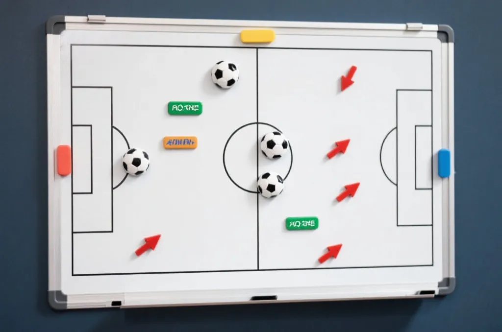 A tactical board with football magnets and strategic arrows representing game preparation, clean and professional