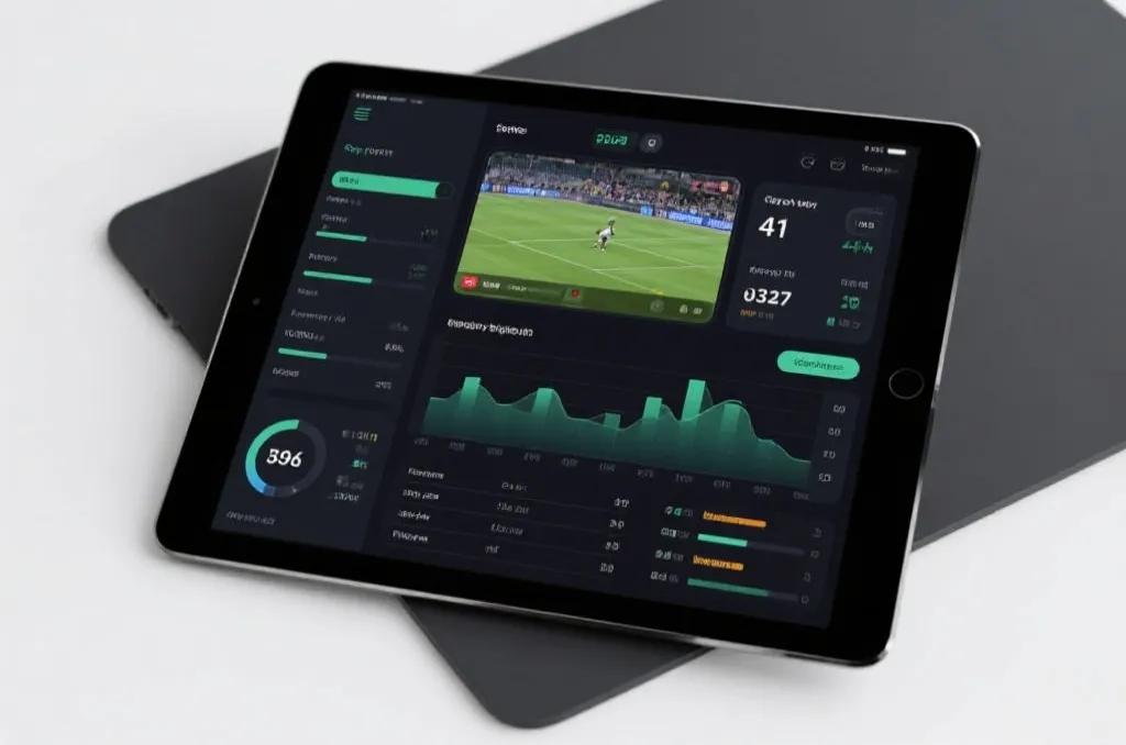 Sleek UI interface design displaying sports statistics and live video screen on a tablet device